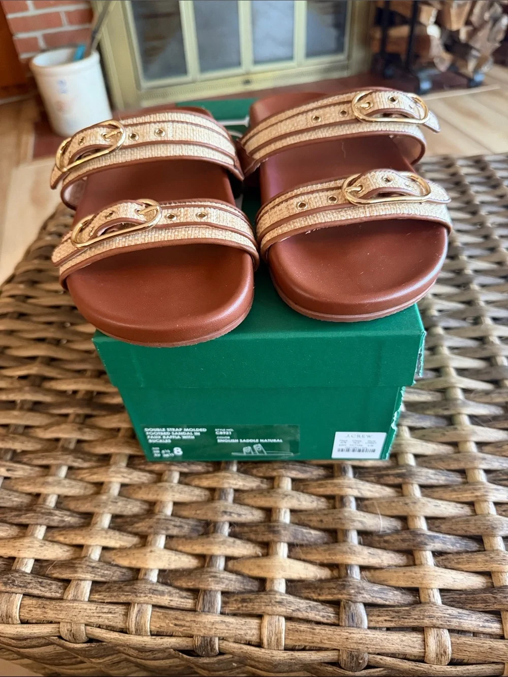 J. Crew Tan Slide Sandals with Cream Straps and Gold Buckles